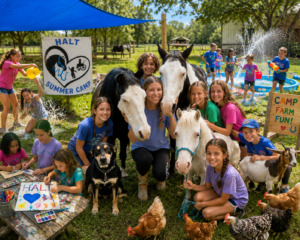 group of kids smiling with horses